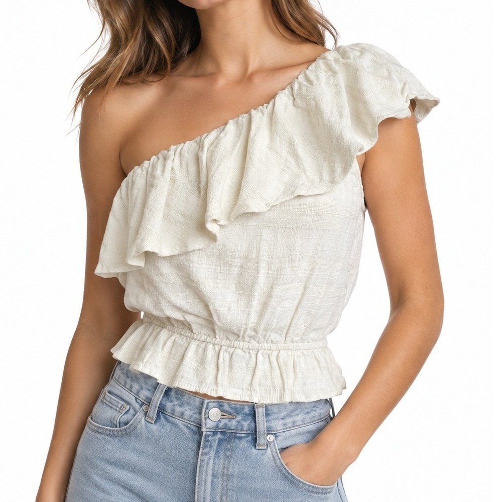 Women One Shoulder Ruffle Crop Top Cream XS Textured Boho Chic Blouse
